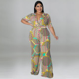 Plus Size Women clothes Short Sleeve Deep V Neck Print Fashion Casual Multi Color Jumpsuit