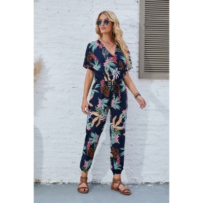 Women Fashion Summer V Neck Short Sleeve Floral Design Multi-Color Casual Jumpsuit