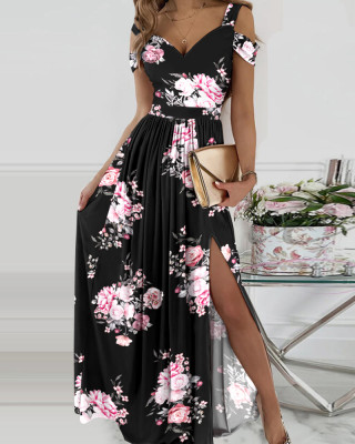 Women clothes Strap Floral Print Slit Maxi Dress