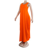 Sexy Women clothes Sleeveless Solid Color Loose Round Neck Casual Long Dress