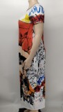 Fashion Women clothes print Short Sleeve Plus Size Long Maxi Dress