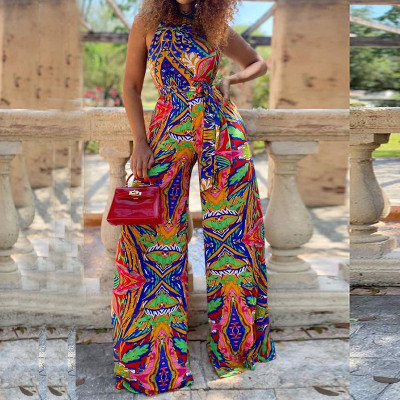 Women clothes summer fashion loose sleeveless printed trousers Jumpsuit