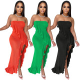 Women clothes Fashion Sexy Solid Strapless Ruffle Slit Dress