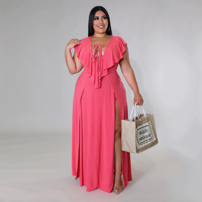 Fashion Short Sleeve V-Neck Solid Color Plus Size Women's Split Maxi Dress