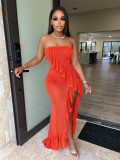 Women clothes Fashion Sexy Solid Strapless Ruffle Slit Dress