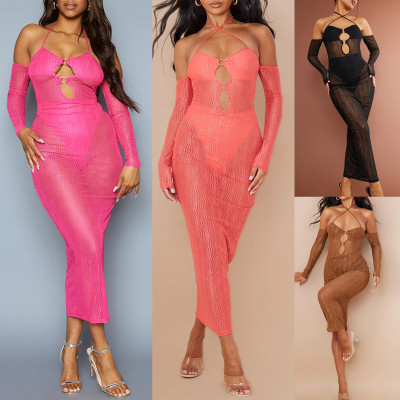 Spring Summer Mesh Halter Neck Dress Women clothes Cover Up See-Through Sexy Cutout Patchwork Bodycon Long Dress