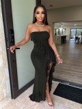 Women clothes Fashion Sexy Solid Strapless Ruffle Slit Dress