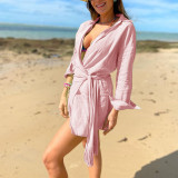 Spring Summer Women clothes Chic Long Sleeves Turndown Collar Holidays Style Linen Dress