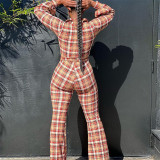 Women clothes Spring Summer Sexy Long Sleeve Plaid Print Casual Two Piece pants Set