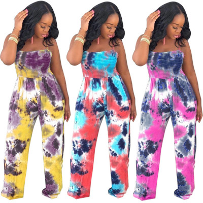 Women clothes Tie Dye Strap Pleated Casual Loose Jumpsuit