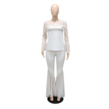Round Neck Mesh Long Sleeve Top Loose Wide Leg Pants Beaded Casual Two-Piece Women's Set