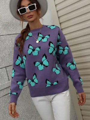 Winter Print Butterfly Round Neck Women clothes Loose Plus Size Knitting Shirt Pullover Women's Sweater