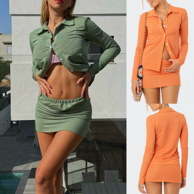 Spring/Summer Casual Set Women's Solid Color Long Sleeve Polo Collar Top Turndown Collar Single Breasted Bodycon Skirt