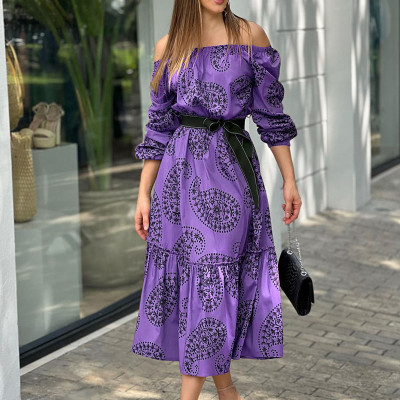 Women clothes Style Off Shoulder Swing Long Sleeve Maxi Print Dress