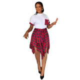 Women clothes Summer Short Sleeve Classic Plaid Irregular Skirt T-Shirt Two Piece Set