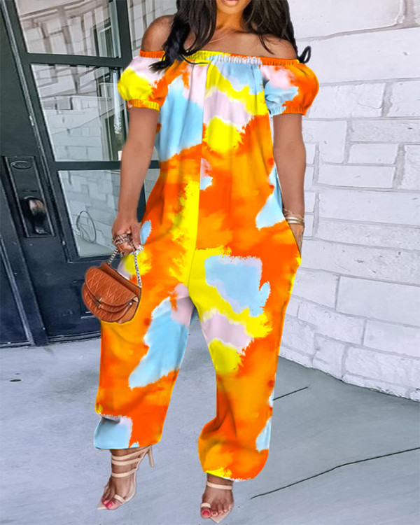 Women clothes Multi-Color Tie Dye Print Off Shoulder Casual Jumpsuit