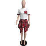 Women clothes Summer Short Sleeve Classic Plaid Irregular Skirt T-Shirt Two Piece Set