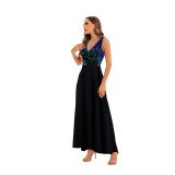 Women clothes Sexy Sequin Striped V-Neck Embroidered Formal Party Long Dress