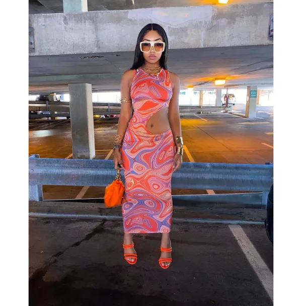 Women clothes Summer Sleeveless Print Cutout sexy Slim Long Dress