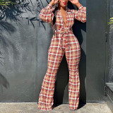 Women clothes Spring Summer Sexy Long Sleeve Plaid Print Casual Two Piece pants Set