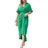 Women'S Fashion Turndown Collar Maxi Short Sleeve Single Breasted High Waist Shirt Dress