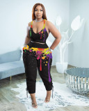 Plus Size Women'S Suspender Casual Fashion Tie Dye Splatter Two Piece Set