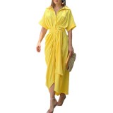 Women'S Fashion Turndown Collar Maxi Short Sleeve Single Breasted High Waist Shirt Dress