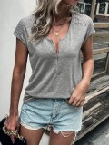 Women'S Round Neck Half-Zip Patchwork Lace Short Sleeve T-Shirt