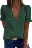 Women'S V-Neck Short Sleeve Patchwork Lace Chiffon Shirt