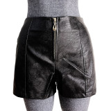 Pu Leather Shorts Women'S High Waist A-Line Wide Leg Pants Autumn And Winter Leather Pants Casual Basic Boot Pants