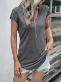 Women'S Round Neck Half-Zip Patchwork Lace Short Sleeve T-Shirt