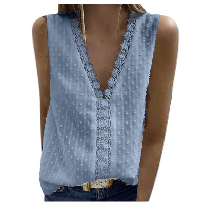 Women'S V-Neck Sleeveless Lace Patchwork Vest Chiffon Shirt