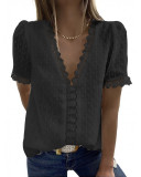 Women'S V-Neck Short Sleeve Patchwork Lace Chiffon Shirt