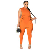 Women'S Summer Slit Lace-Up Fashion Solid Color Two Piece