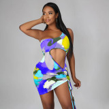 Women'S Fashion Multicolor Printed Drawstring Crop Sexy Dress