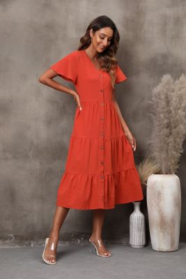 Summer Women V-neck Short Sleeve Button-open Midi Dress