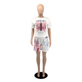 Women summer trend print short-sleeved top + shorts two-piece set