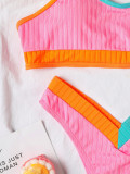 Women Colorblock Ribbed Lace Up Sexy Bikini Swimwear