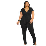 Plus Size Women Solid V-neck Short Sleeve Top+ Pants with Belt Two-piece Set