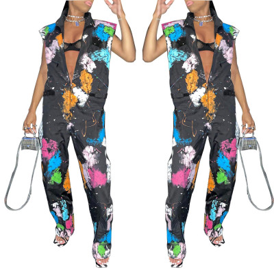 Women Street Punk Print Sleeveless Jumpsuit