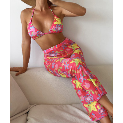 Women Sexy Print Pants + Bikini Three-Piece
