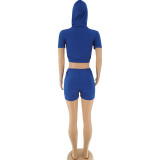 Women Solid Zip Hood Short Sleeve Top+shorts Sports Two Piece