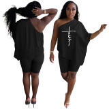 Women Print Slash Shoulder Loose Top + Shorts Duo