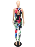 Women Sexy Printed halter neck hollow out Jumpsuit
