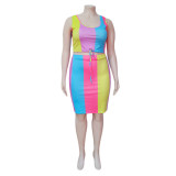 Women Summer Color Block Round Neck Sleeveless Top+dress Two Piece