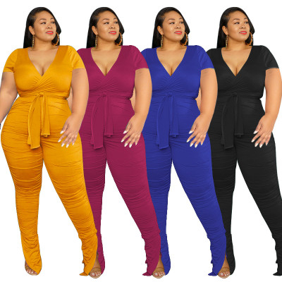 Plus Size Women Solid V-neck Short Sleeve Top+ Pants with Belt Two-piece Set