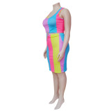 Women Summer Color Block Round Neck Sleeveless Top+dress Two Piece