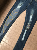 Women Chain Charm Stretch Ripped Denim Pant