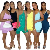 Women Summer Sexy Sleeveless Straps Top + Shorts Two-piece Set
