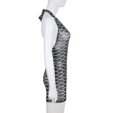 Fish Scale Print U-Neck Halter Neck Lace-Up Low Back Tight Fitting See-Through Mesh Sexy Dress